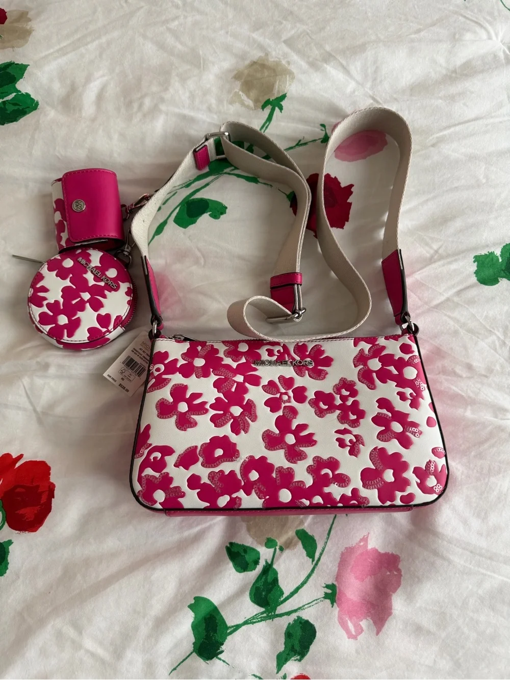 Michael Kors Dragonfruit Floral Print Crossbody Bag Coin Bag& Apple AirPods Case